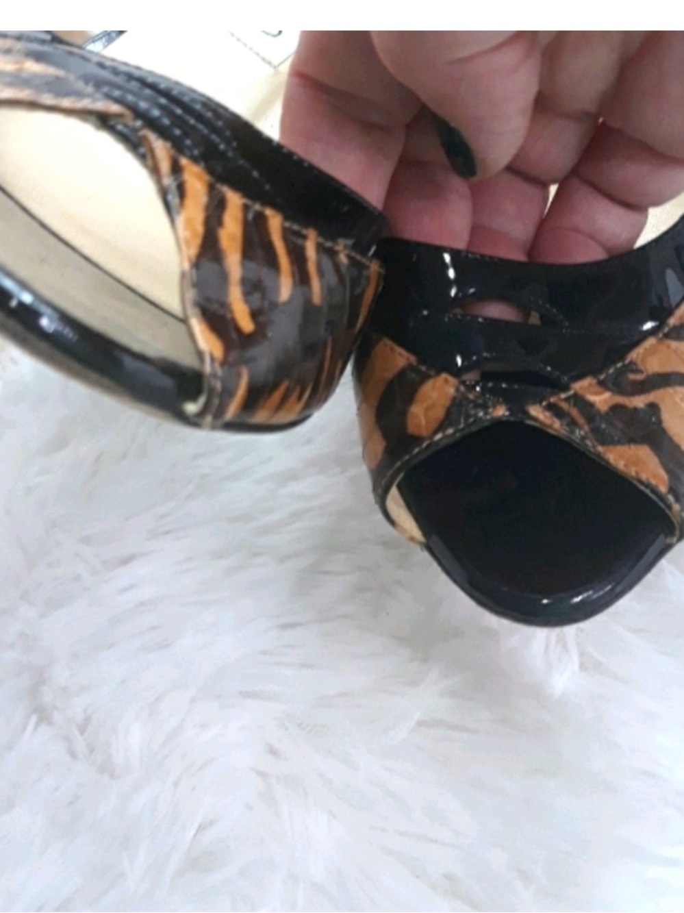 Jimmy Choo D'Orsay Animal Print Snake Stripe Peep Toe Heels 37.5 US 7.5 Worn 2x - Picture 7 of 13